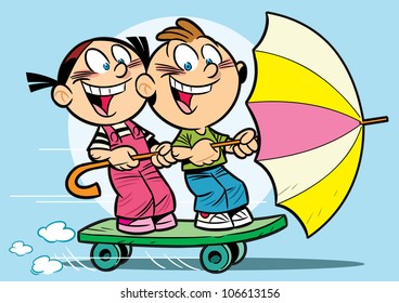 In the illustration cartoon girl and boy. They ride on the board for a skateboard.