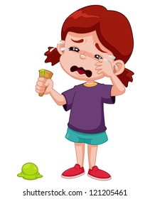 Illustration Of Cartoon Girl Crying With Ice Cream Drop