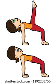 Illustration cartoon girl doing ardha purvottanasana and variation with leg extension