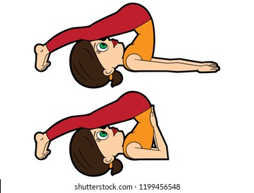 Illustration cartoon girl doing halasana and its variation