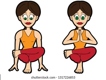 Illustration cartoon girl doing padangustha padma utkatasana variations 