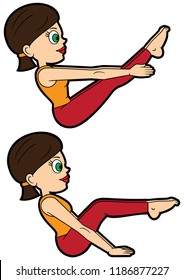 Illustration cartoon girl doing paripurna navasana. Two variations
