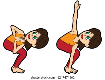 Illustration cartoon girl doing parivritta utkatasana and its variation