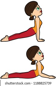 Illustration cartoon girl doing urdhva mukha svanasana and bhujangasana

