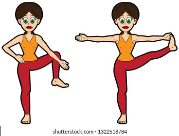 Illustration cartoon girl doing utthita hasta padangustasana variations 