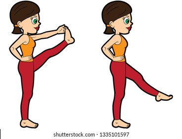 Illustration cartoon girl doing utthita hasta padangusthasana variations