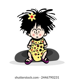 Illustration of a cartoon girl, a doll, in a polka dot dress and with a flower in her hair. She sits on a gray stone. Doodle style, simple style, hand drawn, background.