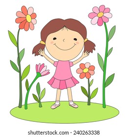 Illustration of cartoon girl with growing big flowers on the white background