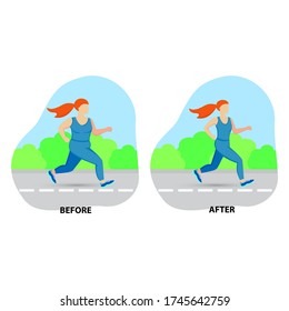 Illustration of a cartoon girl jogging, weight loss concept, before and after. Vector illustration.