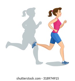 Illustration of a cartoon girl jogging, weight loss, cardio training, health conscious concept running woman. 