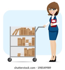 Illustration Of Cartoon Girl Librarian With Book Trolley