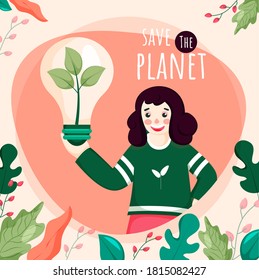 Illustration of Cartoon Girl Presenting Eco Bulb with Leaves Decorated on Peach Background for Save The Planet Concept.