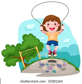 illustration of  a cartoon girl  skipping in the park