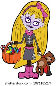 Illustration cartoon girl wearing scaring halloween costume with a candy pumpkin basket and a teddy vampire bear