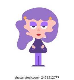 Illustration of a cartoon girl, woman, for banner, poster, presentation, with purple hair, simple style, doodle