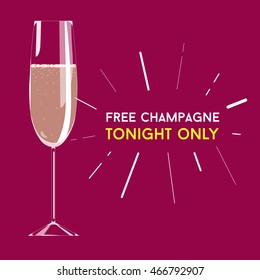 Illustration Cartoon Glass Goblet Alcoholic Champagne Flute With Bubbles Isolated On Pink Background, Title For Bar Menu, Vector Eps 10