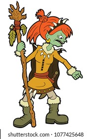 Illustration cartoon goblin girl shaman with pointed finger and a staff