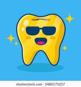illustration cartoon gold teeth use black glasses on blue background