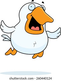 An illustration of a cartoon goose flying and smiling.