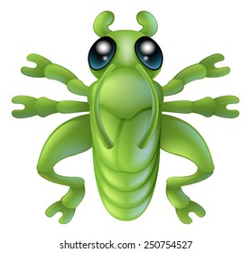 An illustration of a cartoon grasshopper insect bug character