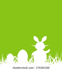 Illustration cartoon green background with Easter rabbit and eggs - vector