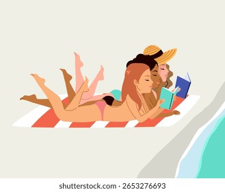 Ilustração de grupo de desenhos animados de mulheres bronzeando e lendo deitado na toalha na areia da praia. Vetor desenho férias de verão, positividade corporal, lazer e estilo de vida de férias conceito