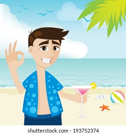 illustration of cartoon guy on the beach with cocktail