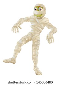 An illustration of a cartoon Halloween mummy character in bandages 