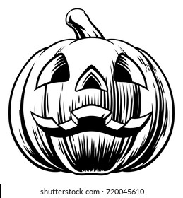 An illustration of a cartoon Halloween pumpkin carved with a face on it in a vintage retro woodcut style