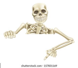 An illustration of a cartoon Halloween skeleton pointing down at a sign or scroll