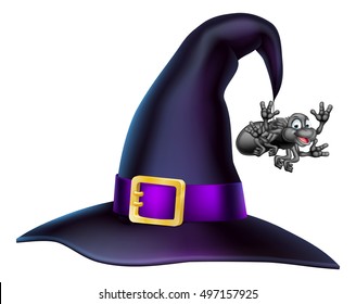 An illustration of a cartoon Halloween witch hat and cartoon spider