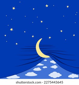 Illustration cartoon hand drawing night day change sunrise sunset moon and stars closing down as a curtain on cloudy blue skies wishing good night