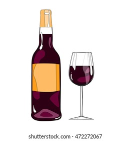 illustration cartoon hand drawn bottle with alcohol drink and special glass goblet isolated on background, poster for restaurant and bar menu, vector eps 10