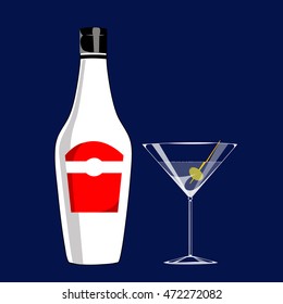 illustration cartoon hand drawn bottle with alcohol drink and special glass goblet isolated on background, poster for restaurant and bar menu, vector eps 10