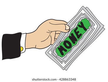 Illustration cartoon hand with a few banknotes with the inscription Money