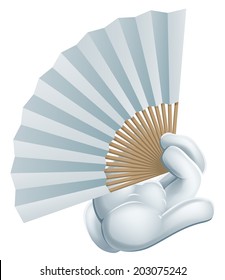 An illustration of a cartoon hand holding a paper Chinese hand fan