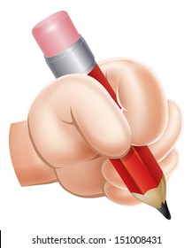 An Illustration Of A Cartoon Hand Writing With A Big Red Pencil