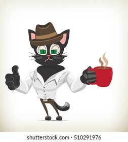 Illustration of cartoon hangover cat drinking coffee