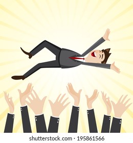 illustration of cartoon happiness businessman throw up teammate hand in success concept