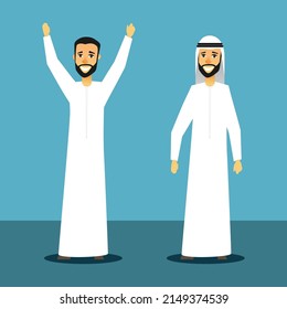 Illustration, Cartoon Of A Happy Arab Man (Gulf Region Traditional Dress) With And Without The Head-wear. Editable Vector File.