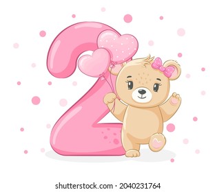 An illustration from the cartoon "Happy birthday, 2 years old", a cute little bear girl. Vector illustration.