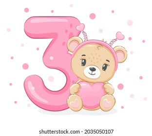 An illustration from the cartoon "Happy birthday, 3 years old", a cute little bear girl. Vector illustration.