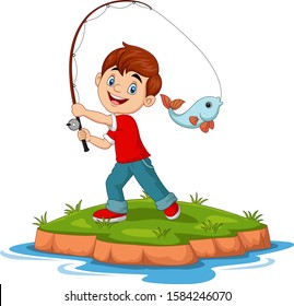 Illustration of cartoon happy boy fishing