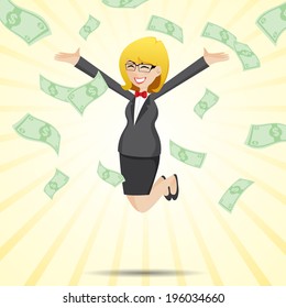 illustration of cartoon happy businesswoman jumping with money cash in financial concept