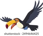 Illustration of a cartoon happy toucan bird flying