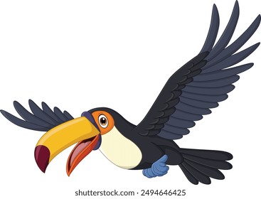 Illustration of a cartoon happy toucan bird flying