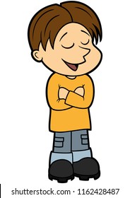 Illustration cartoon haughty boy with halfclosed eyelids and crossed arms