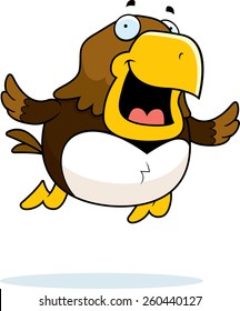 An illustration of a cartoon hawk flying and smiling.