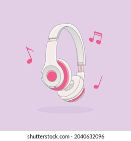Illustration of cartoon headphones in pink and white color with melodies