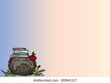 Illustration. Cartoon hedgehog with books. Background.